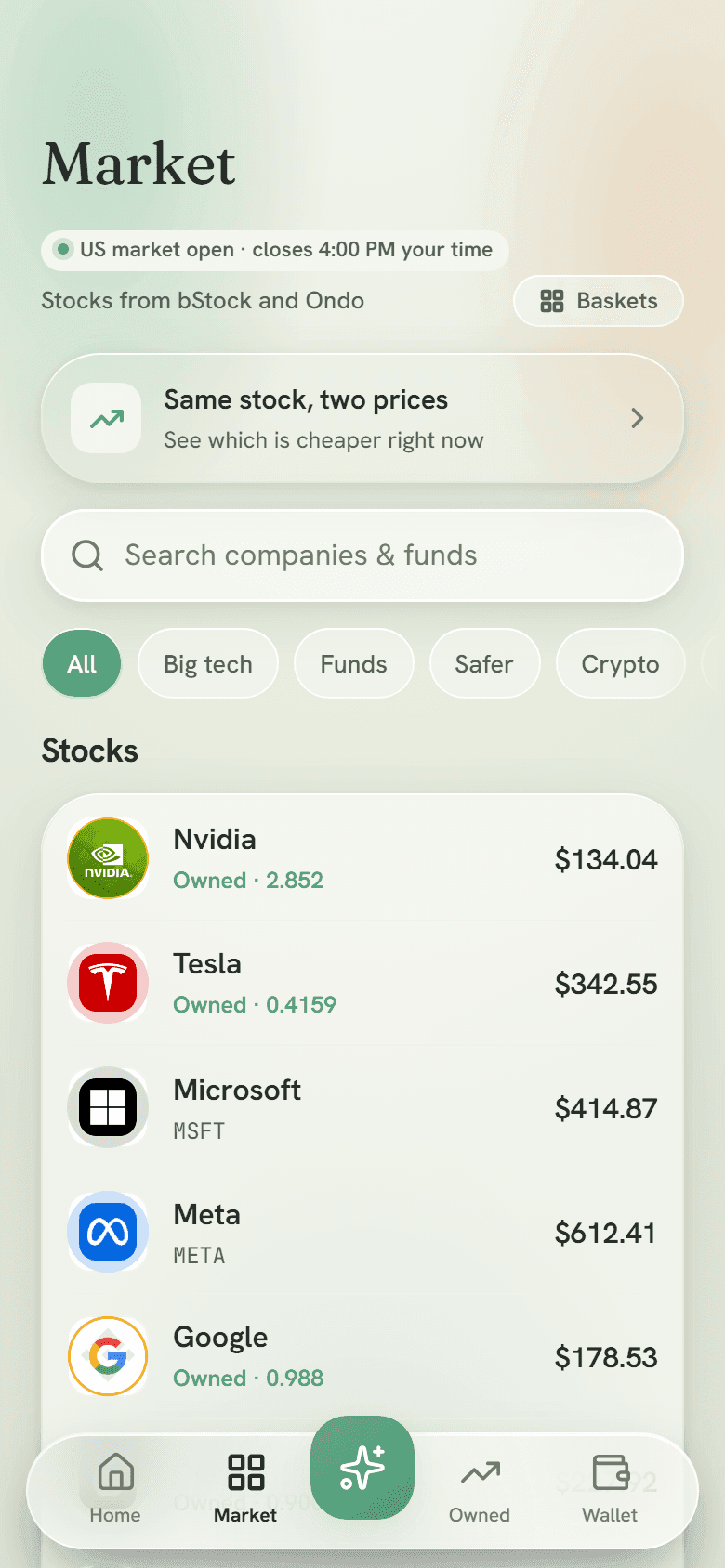 The Market screen: a line saying the US market is open and when it closes in your own time, then Nvidia, Tesla, Microsoft, Meta and Google with prices and what you own.